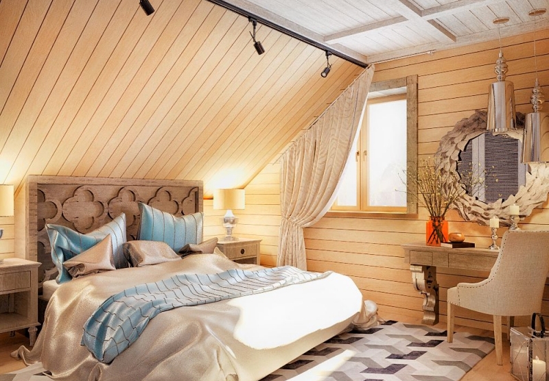 Дизайн интерьер мансарды деревянного дома спальня